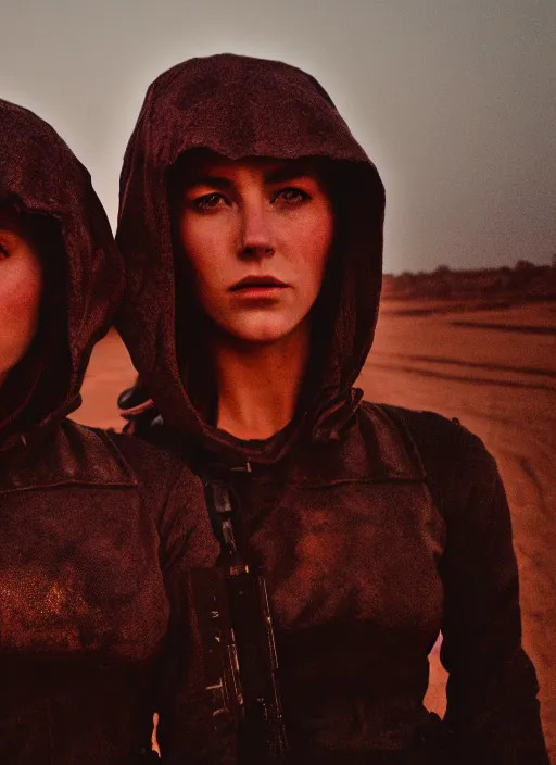 Image similar to cinestill 5 0 d photographic portrait of two sultry loving female androids wearing rugged black techwear on a desolate plain with a red sky, extreme closeup, cyberpunk style, garters, dust storm, 8 k, hd, high resolution, 3 5 mm, f / 3 2, ultra realistic faces, ex machina