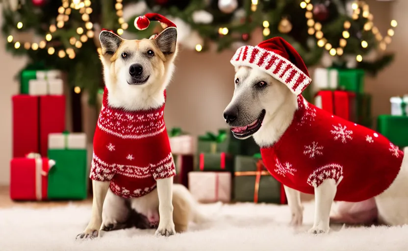 Image similar to studio photography of a dog wearing a woolen christmas sweater in front of a christmas tree, detailed face, cinematic lighting, 8 k