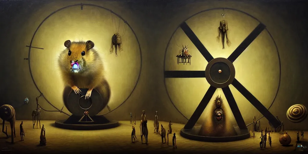 Image similar to trapped on the hedonic treadmill like a hamster on a wheel, ixion's wheel, uncanny, dark surreal oil painting by ronny khalil, shaun tan, and leonora carrington