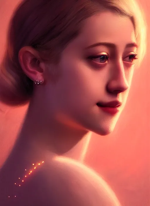 Image similar to portrait of lili reinhart, smiling kindly, bangs, 1 9 6 0 s, ponytail, bangs and ponytail, intricate, elegant, glowing lights, highly detailed, digital painting, artstation, concept art, smooth, sharp focus, illustration, art by wlop, mars ravelo and greg rutkowski