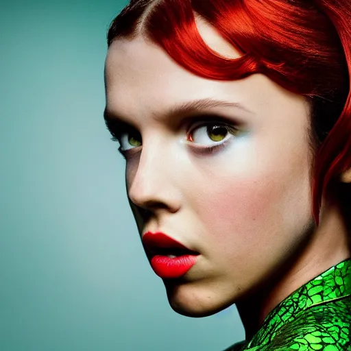 Prompt: millie bobby brown as poison ivy, dc, movie, photography, portrait, beautiful,