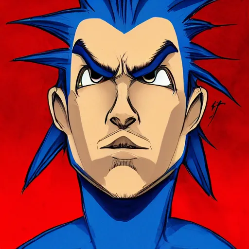 Prompt: Dramatic portraiture of Human sonic thehedgehog, the fastestthing alive, digital art, trending on ArtStation, by Raymond Pettibon and ArtGerm, luminism