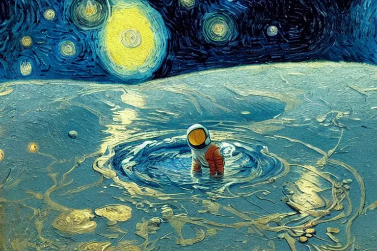 Image similar to an astronaut in a pool from Jupiter, beautiful, national geographic, very detailed, astrophotography, oil painting, canvas, Vincent van Gogh, Caspar David Friedrich, Albert Bierstadt