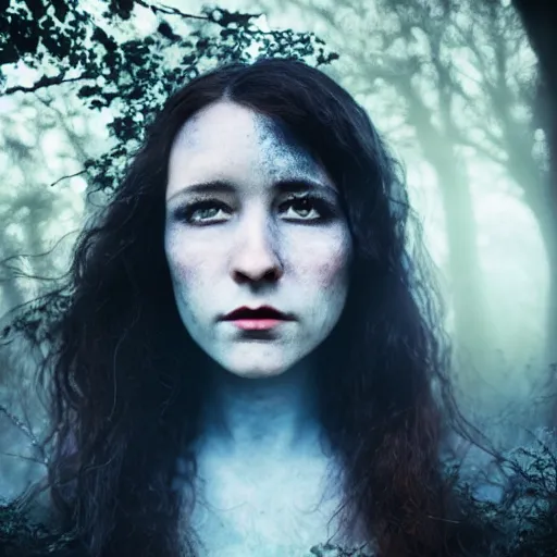 Image similar to charismatic rural cottagecore brunette female vampire, portrait, at highgate cemetery, atmospheric lighting, painted, intricate, mist, cold, volumetric lighting, beautiful, blue tint, moon light, sharp focus, ultra detailed, by leesha hannigan, ross tran, thierry doizon, kai carpenter, ignacio fernandez rios