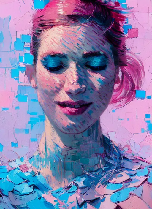 Image similar to portrait of a beautiful girl, smiling, ecstatic, dancing, eyes closed, open mouth, shades of pink and blue, beautiful face, rule of thirds, intricate outfit, spotlight, by greg rutkowski, by jeremy mann, by francoise nielly, by van gogh, digital painting