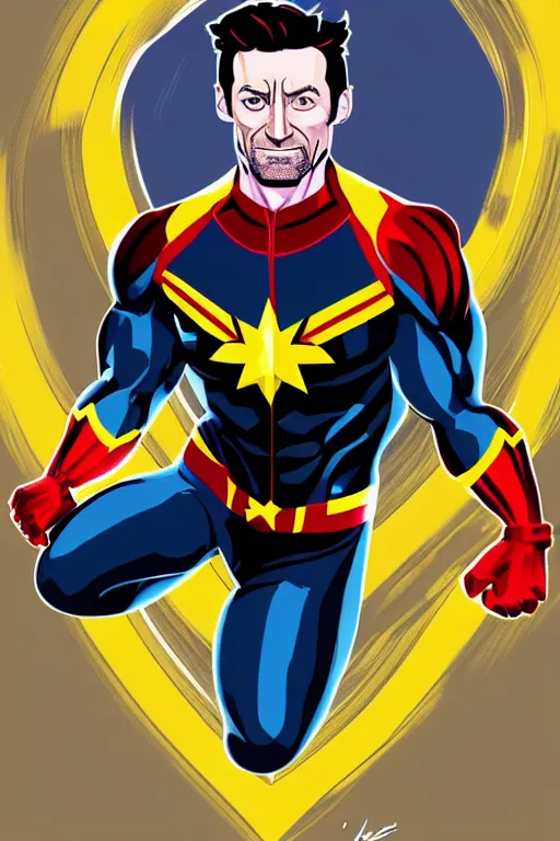 Image similar to Hugh Jackman as Captain Marvel high quality digital painting in the style of James Jean