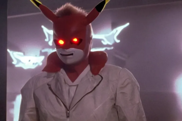 Image similar to Jack Nicholson in costume of Pikachu Terminator, scene where his endoskeleton gets exposed and his eye glows red, still from the film