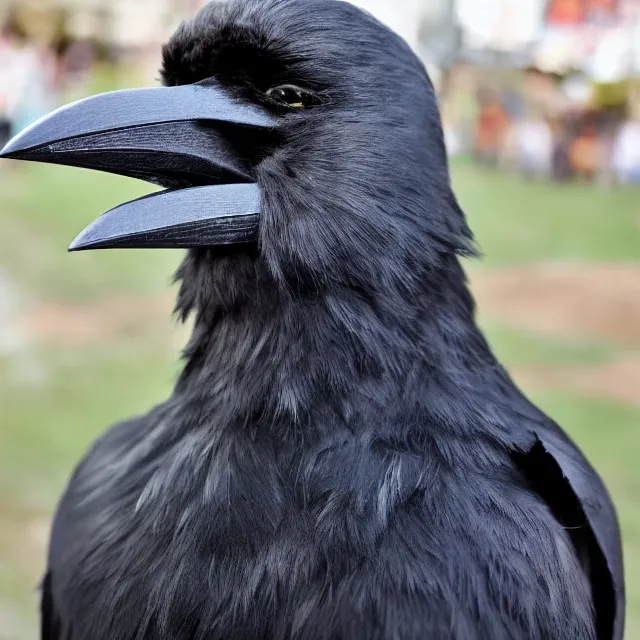 Image similar to a person wearing a fursuit of a crow fursona, fursona, photograph, furry fandom, photorealistic,