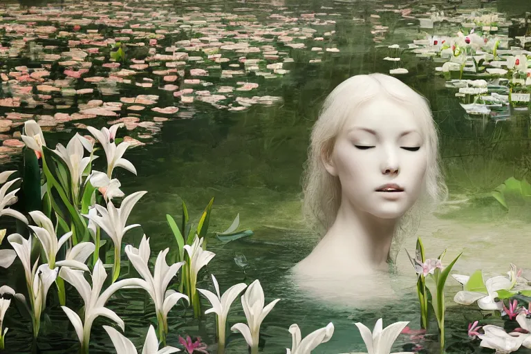 Image similar to cinematic 3 d portrait of a white porcelain woman's head and shoulders floating in a pond, surrounded by a forrest of lillies, deep focus, intricate, elegant, highly detailed, matte, sharp focus, by james jean and kim jung gi