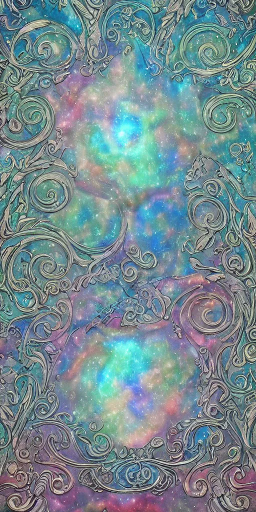 Image similar to intricate colourfully painted carved Soapstone relief paneling, iridescent, pearl and pale blue toned, celestial, cosmos, galaxies, planets, divinity, moon goddess, mother earth, Earth Goddess mythology, Gaia, angels, dream atmosphere, bright colors, vivid colors, Ghostly, crystaline celtic, insanly detailed , artstation, wallpaper, hyper realistic, realistic lighting