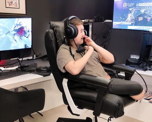 Prompt: a blobfish sitting in gaming chair wearing a gaming headset with long greasy hair