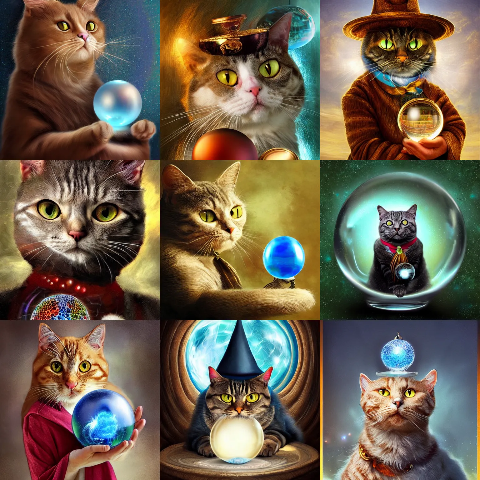 Prompt: a portrait of a wizard cat with a crystal ball, realistic painting, high definition, digital art, matte painting, very detailed, realistic