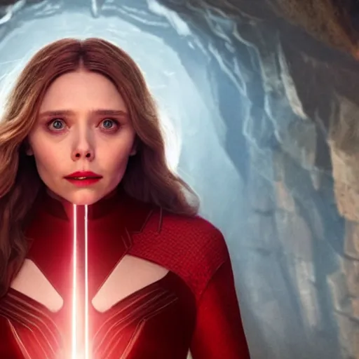 Image similar to movie still of elizabeth olsen as the scarlet witch, facing away from the camera, standing in the middle of a dark cave, holding red magic from her hands, illuminating the area, golden ratio!!!!!, centered, trending on artstation, 8 k quality, cgsociety contest winner, artstation hd, artstation hq, luminous lighting