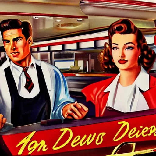 Prompt: a 1950’s American diner. All the customers are former celebrities. Tom cruise is a waitress. Digital art, 8K