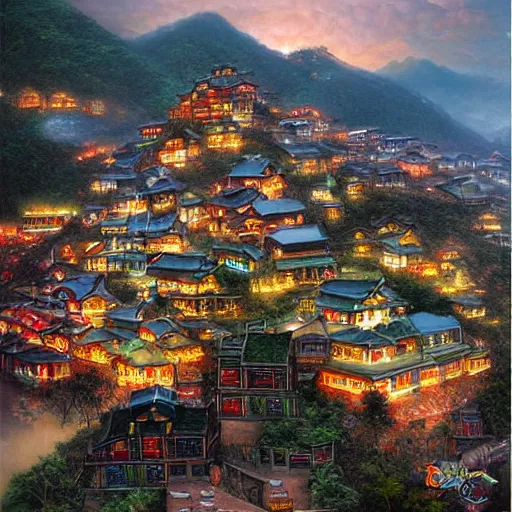 Prompt: jiufen taiwan an oil painting by ross tran and thomas kincade