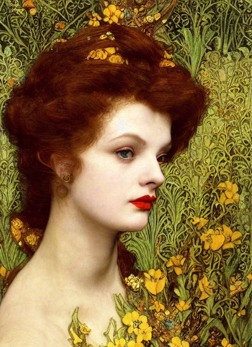 Prompt: masterpiece of intricately detailed preraphaelite photography portrait face hybrid of judy garland and a hybrid of ingrid bergman and jackie kennedy, sat down in train aile, inside a beautiful underwater train to atlantis, betty page fringe, medieval dress yellow ochre, by william morris ford madox brown william powell frith frederic leighton john william waterhouse hildebrandt
