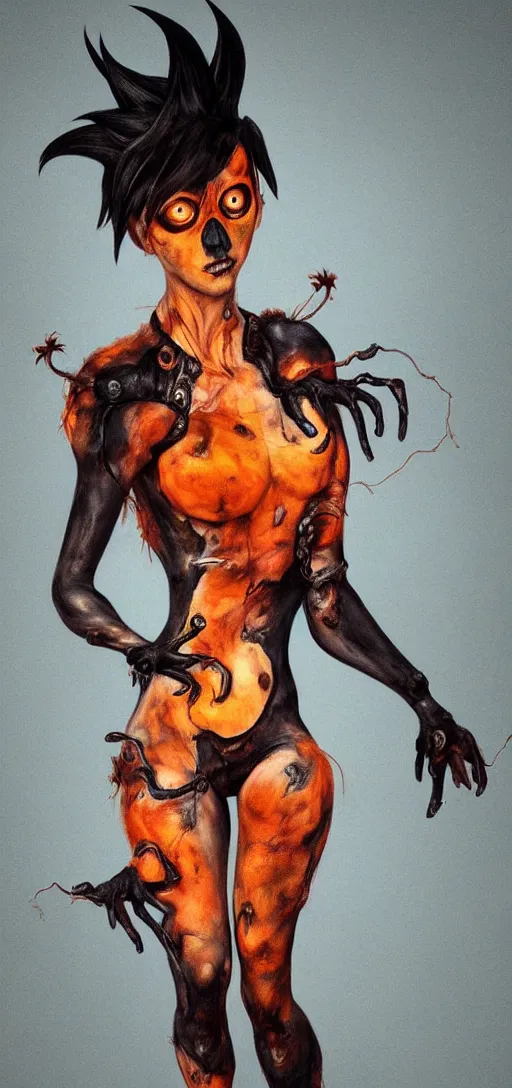 Image similar to dark full body painting of tracer from overwatch, in style of zdzisław beksinski, scary, horror, 4 k, feminine facial features, overwatch tracer character, horror, body horror, disturbing, detailed face, dressed in dark garment, black tendrils, tall, long legs,