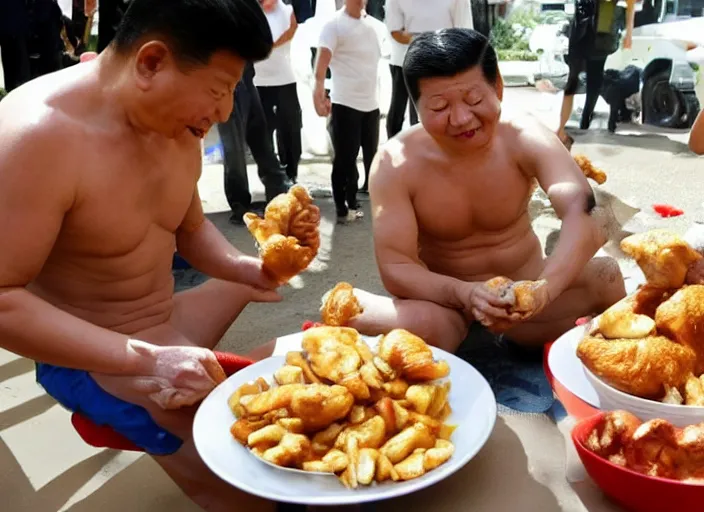 Prompt: shirtless xi jinping eating chicken surrounded by papperazi