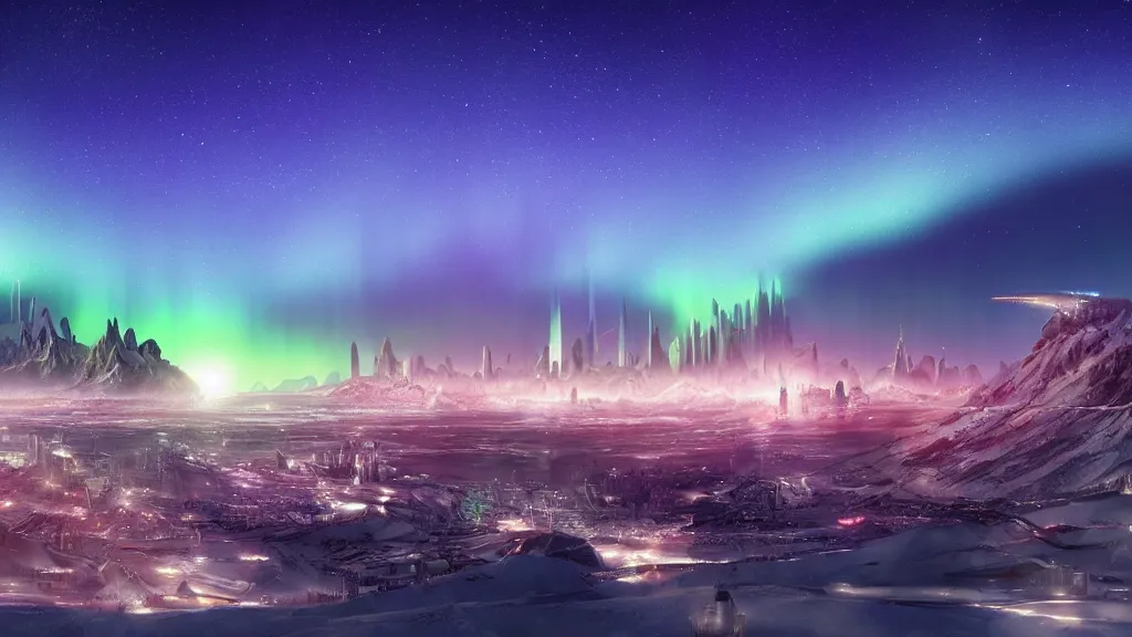 Prompt: futuristic city, aurora borealis, mountains in the distance, multiple moons, ignis fatuus