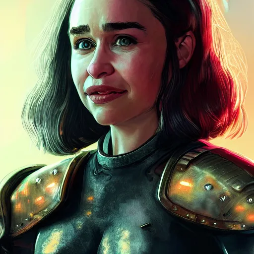 Prompt: Detailed art of Emilia Clarke in armor smiling warmly in Cyberpunk 2077 video game, concept art, poster, detailed, artstation