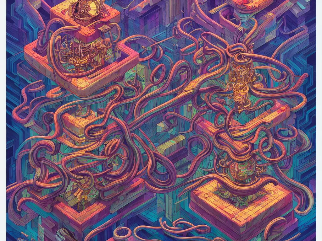 Image similar to twisted turn of fate abstraction, centered award winning ink pen illustration, isometric abstract illustration by dan mumford, edited by craola, technical drawing by beeple and tooth wu, tiny details by artgerm and watercolor girl, symmetrically isometrically centered