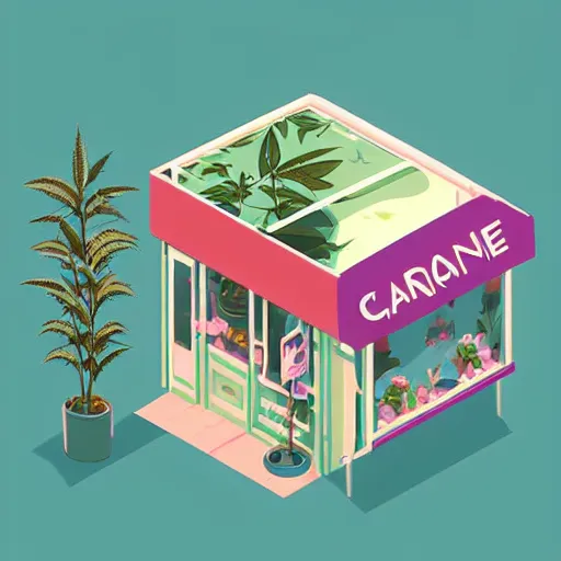 Prompt: isometric cute cartoon illustration style cafe australian, decorated with cute cannabis pot plants 🪴 utopian frontage, poster, beautiful colors pastel palette by will barnet, digital art, hyperrealistic, sharp detailed soft, render cartoon by pixar