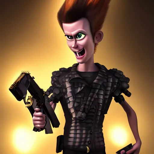 Image similar to hyperrealistic portrait of gothic cyberpunk jimmy neutron holding a golden machine gun, 4 k, highly detailed, beautifully rendered