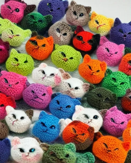 Prompt: multicolored crocheted cats, catalogue photo,