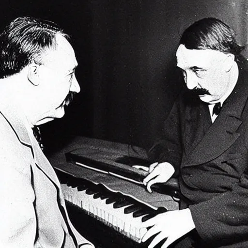 Image similar to “ 1 9 3 3 go pro photo of albert einstein and adolf hitler playing a duet on piano, award winning ”