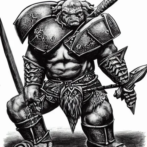 Image similar to ogre warrior wearing plated armor who is holding a battle axe in the style of warhammer fantasy : : head and torso drawing