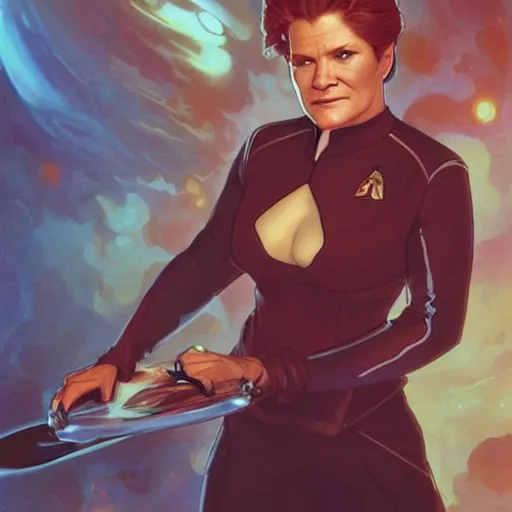 Prompt: captain janeway from star trek voyager, a still from star trek voyager painted by artgerm and greg rutkowski and alphonse mucha. clear highly detailed face, beautiful sci fi art