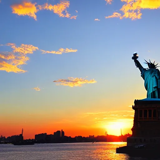 Image similar to Golden Statue of Liberty, sunset, golden hour