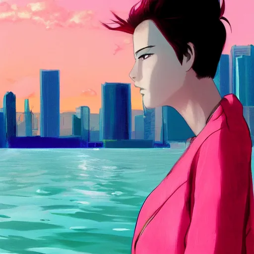 Image similar to lonely young woman with red hair, magenta coat, and light blue pants ; wandering a beach at sunset with a city skyline on the horizon, digital painting, anime inspired, warm lighting, swimming pool in foreground