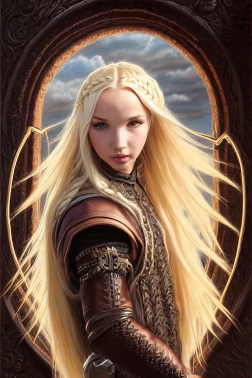 Prompt: mystical mage blonde braided hair dove cameron closing a portal gate, heavy cloak, brown leather accents, leather jerkin, castle town, fantasy character portrait, ultra realistic, intricate, elegant, highly detailed, digital painting, artstaion, smooth, sharp, focus, illustration, art by artgerm and greg rutkowski and alphonse mucha