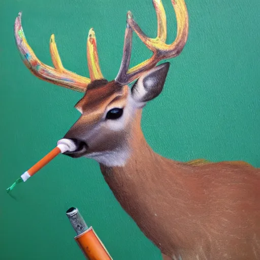 Image similar to deer with a cigarette in its mouth and thick smoke coming out of the cigarette, abstract, thick dripping paint