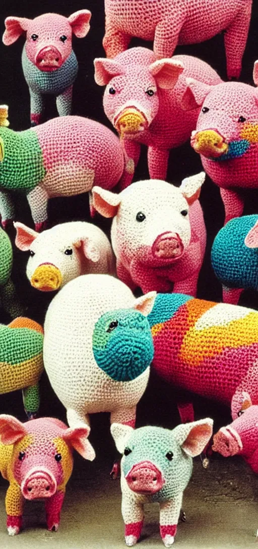 Image similar to multicolored crocheted pigs, 1 9 8 0 s catalogue photo