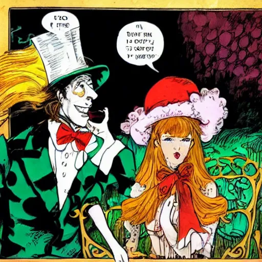 Image similar to The Mad hatter is on a date with Alice, Milo Manara style