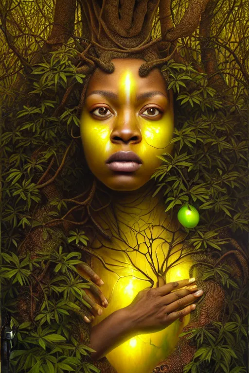 Prompt: hyperrealistic neo-classical super expressive! black woman with detailed exoskeleton armor, merging with tree in a forest, digital painting masterpiece brad kunkle hannah yata dramatic pearlescent yellow light low angle hd 8k sharp focus