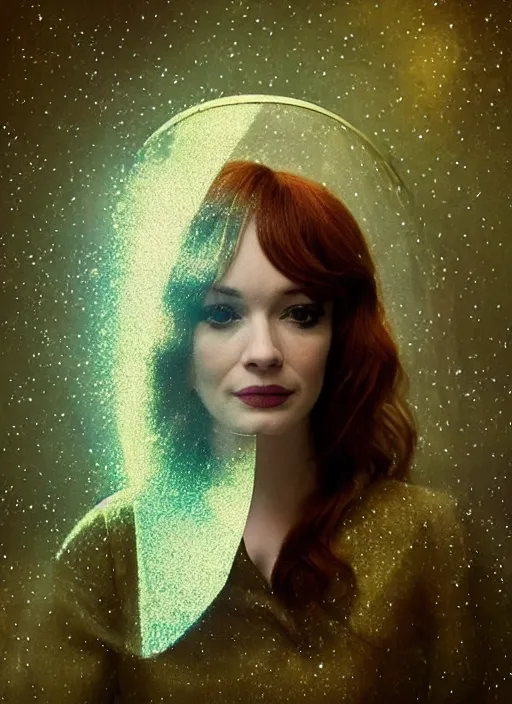 Image similar to upper body photograph portrait of a very pretty!!! christina hendricks in starfield, symmetric face, petzval lens. out of focus, in an astronaut costume. futuristic helmet with neck protection, space station. by alesio albi and george lucas and stanley kubrick