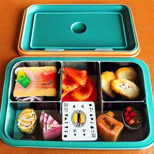 Image similar to bento box organised in the style of a tarot card, beautiful realistic photograph