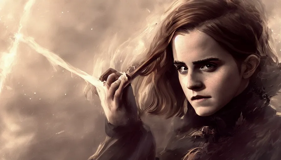 Prompt: Emma Watson as a witch doing magic, hyperdetailed, artstation, cgsociety, 8k