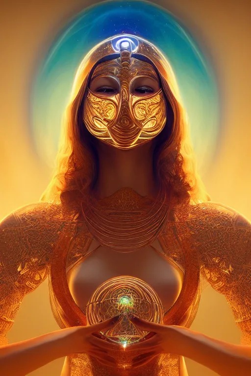 Prompt: a centered render of an goddess wearing a hi tech mask surrounded by a glorious sacred energy made from geometry and spiral mandel bulb fractals, powerful, cinematic, beautifully lit, by artgerm, by karol bak, 3 d, trending on artstation, octane render, 8 k