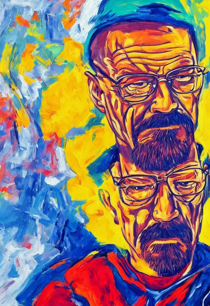 Image similar to expressionist painting of walter white on a motorbike, dynamic perspective, expressionist, colorful, clean, close up