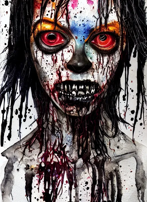 Image similar to black zombie hollywood artwork professional acting headshot, hyperrealism, intricate detail, studio lighting, charming expression gesicht, hauntingly beautiful zombie, watercolor art, epic, legendary, drawn and painted, colored layers, dulled contrast, exquisite fine art, splatterpaint