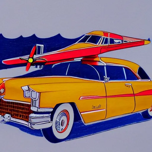 Image similar to a color pencil product design drawing of a 5 0 s flying cadillac car with plane wings