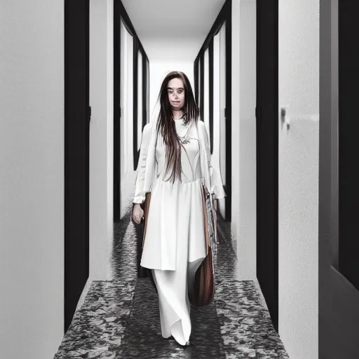 Prompt: a beautiful woman wearing a travel outfit walks down a white corridor by olivia malone, long hair, amazingly detailed, fantastic detailed eyes, pretty face, aged 2 5, swedish, photo realistic, photograph, 3 5 mm, octane render, trending on artstation