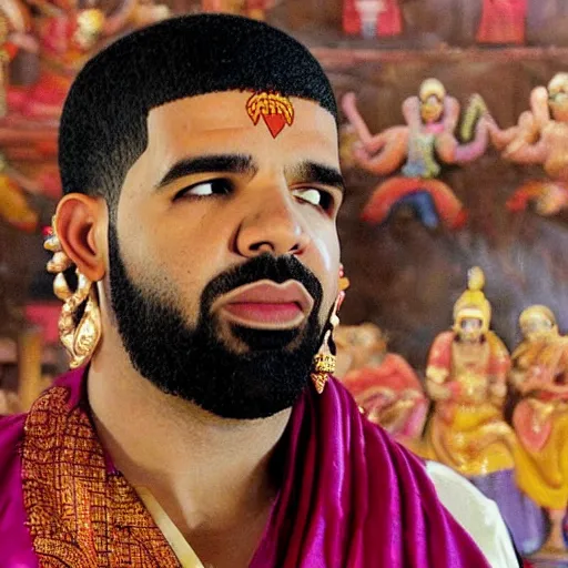 Image similar to drake the rapper wearing a silk kurta, bundi, hindu kovil scene, highly realistic