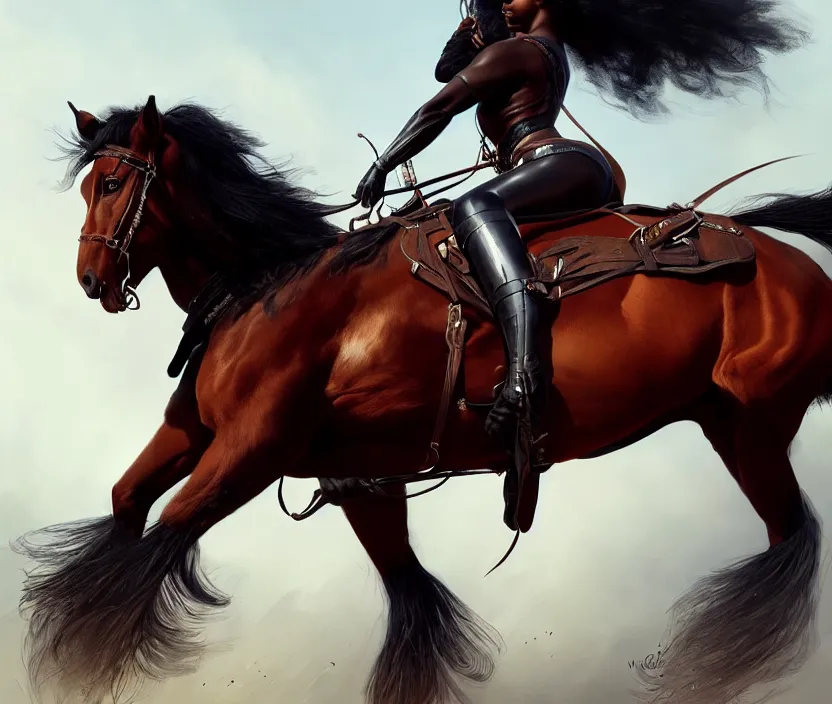 Prompt: full body portrait of beautiful black woman on horseback, beautiful clydesdale, highly detailed, digital painting, artstation, concept art, smooth, sharp focus, illustration, face by wlop, illustrated by mars ravelo and greg rutkowski