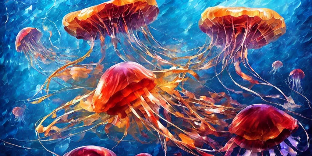 jellyfish chasing each other underwaterintricate Stable Diffusion