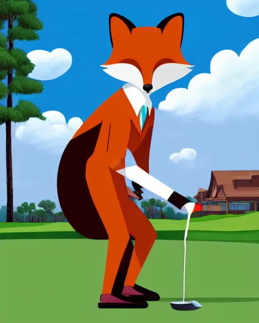 Prompt: anthropomorphic fox animal wearing a white suit, white cowboy hat, and reflective sunglasses, smoking cigar, fox animal, golf course in background, reflective aviator sunglasses, highly detailed digital art